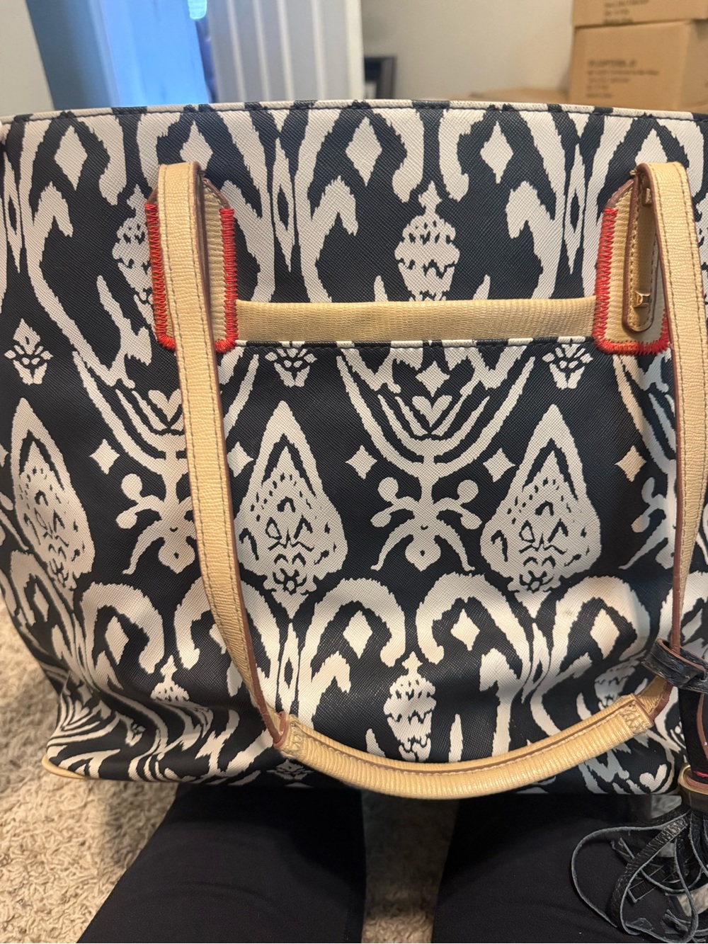 Stella & Dot Black and White Patterned Tote with Tan Trim